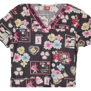 Dickies Womens Scrub Top Small Black V Neck Floral Pink Ribbon Caner Awareness